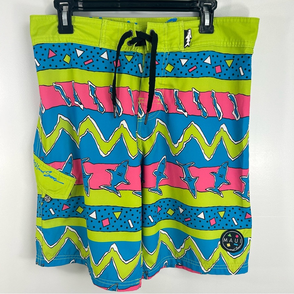 Maui and Sons Board Shorts Swim Trunks Sharks Retro Surfing Bright Color Men MED